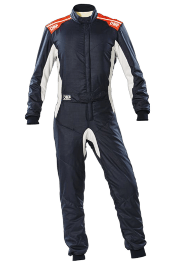 Grand Prix Racewear racing suit in navy blue with white and orange accents, designed for motorsport safety and performance.