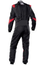 Grand Prix Racewear racing suit in black with red accents, designed for professional motorsport drivers, featuring high-quality materials and safety features.