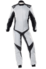 Grand Prix Racewear racing suit in white and black, designed for motorsport enthusiasts and professional drivers.