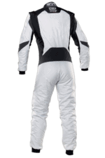 Grand Prix Racewear racing suit in white and black with protective padding, designed for motorsport drivers for safety and performance.