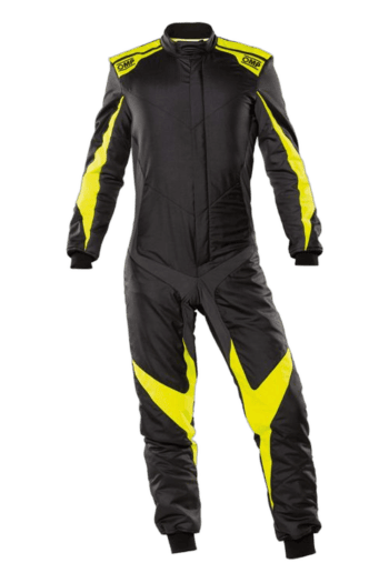 Grand Prix Racewear racing suit in black with yellow accents, designed for motorsport safety and performance.