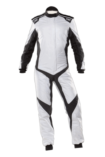 Grand Prix Racewear racing suit in white and black, designed for motorsport safety and performance.