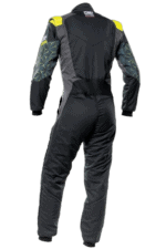 Grand Prix Racewear racing suit with black, yellow, and grey design, featuring protective padding and aerodynamic fit for motorsport drivers.