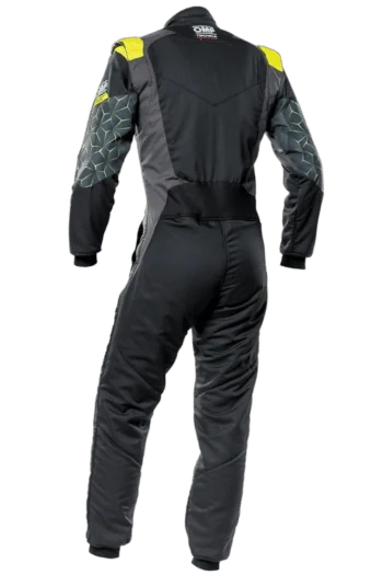 Grand Prix Racewear racing suit with black, yellow, and grey design, featuring protective padding and aerodynamic fit for motorsport drivers.
