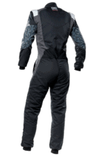 Grand Prix Racewear racing suit designed for motorsport safety and performance, featuring black and grey colours with geometric pattern details.