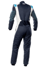 Grand Prix Racewear racing suit in navy blue and white with geometric pattern on sleeves, designed for motorsport safety and performance.