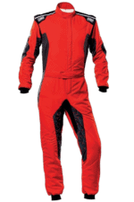 Red and black Grand Prix racing suit with OMP branding, designed for professional motorsport drivers.