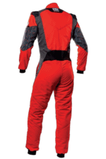 Red and black Grand Prix racing suit designed for motorsport safety and performance.