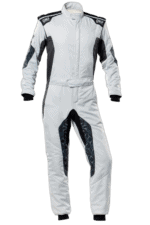 Grand Prix Racewear racing suit in white with black and grey accents, designed for motorsport safety and performance.