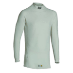 White Grand Prix Racewear racing suit with high collar and long sleeves, designed for motorsport safety and performance.