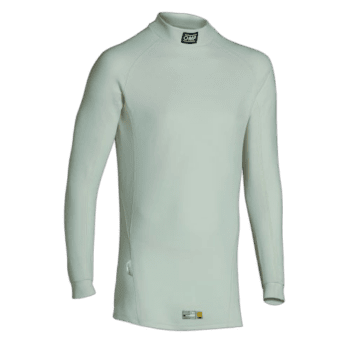White Grand Prix Racewear racing suit with high collar and long sleeves, designed for motorsport safety and performance.