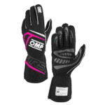 Black racing gloves with pink and grey accents from Grand Prix Racewear, designed for motorsport safety and performance.