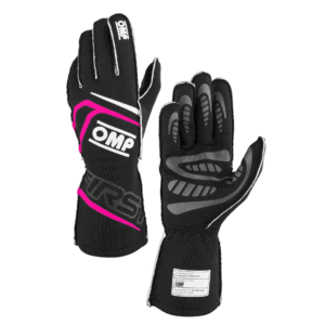 Black racing gloves with pink and grey accents from Grand Prix Racewear, designed for motorsport safety and performance.