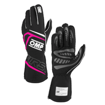 Black racing gloves with pink and grey accents from Grand Prix Racewear, designed for motorsport safety and performance.