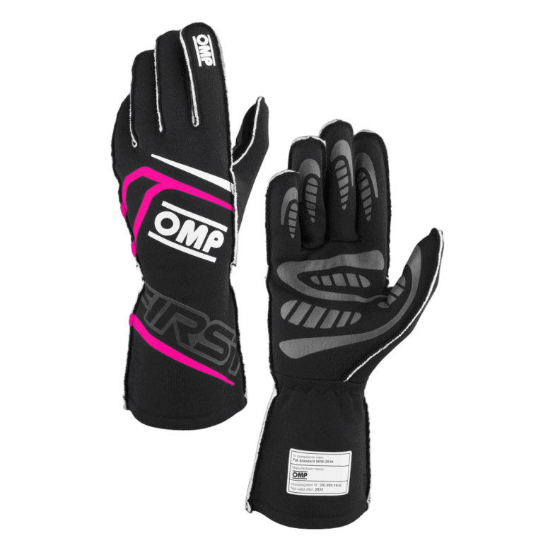 Black racing gloves with pink and grey accents from Grand Prix Racewear, designed for motorsport safety and performance.