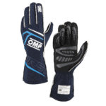 OMP racing gloves designed for motorsport, featuring black and blue colours with protective padding and grip enhancements for optimal performance.