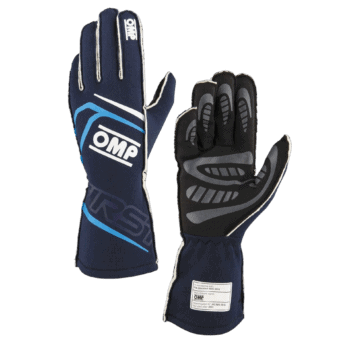 OMP racing gloves designed for motorsport, featuring black and blue colours with protective padding and grip enhancements for optimal performance.