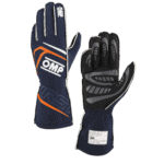 Pair of OMP racing gloves in navy and black with orange and grey accents, designed for motorsport safety and performance.