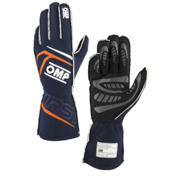 Pair of OMP racing gloves in navy and black with orange and grey accents, designed for motorsport safety and performance.