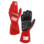 Red and black racing gloves by Grand Prix Racewear, designed for motorsport safety and performance.