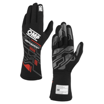 High-performance OMP racing gloves designed for motorsport safety and grip, featuring black, grey, and red accents with branding and textured palms.