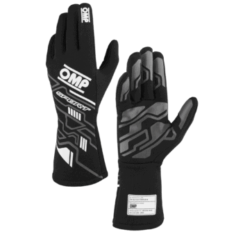 Black and grey Grand Prix racing gloves by OMP with protective features for motorsport drivers.