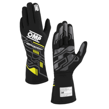 High-performance OMP Grand Prix racing gloves with black, grey, and yellow design, ideal for motorsport enthusiasts and professional racers.