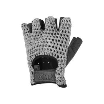 Close-up of a grey and black racing glove designed for motorsport safety and grip, featuring breathable mesh and protective padding.