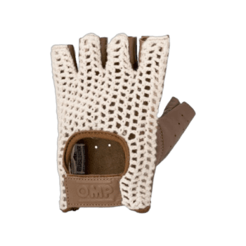 Open finger racing glove made of breathable mesh with brown leather accents, designed for motorsport safety and comfort.