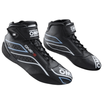 High-performance OMP racing shoes designed for motorsport, featuring black synthetic material with white and blue accents, and a secure Velcro strap for optimal fit.