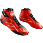 Red OMP racing shoes designed for Grand Prix racewear with black and white accents, featuring high ankle support and lightweight construction.
