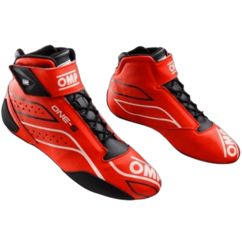 Red OMP racing shoes designed for Grand Prix racewear with black and white accents, featuring high ankle support and lightweight construction.