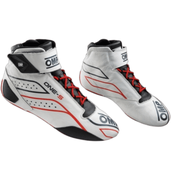 High-performance Grand Prix racing shoes with white, black, and red design, featuring OMP branding and advanced safety features for motorsport drivers.