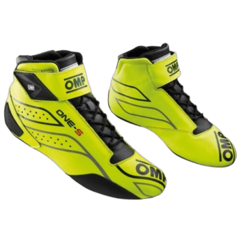 Bright yellow OMP Grand Prix racing shoes with black accents, designed for motorsport safety and performance.