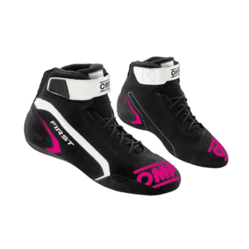 Black racing shoes with white and pink accents from Grand Prix Racewear, designed for motorsport enthusiasts and professional drivers.