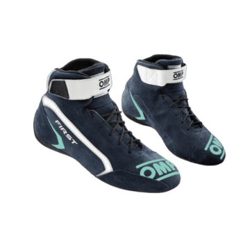 Pair of OMP racing shoes in navy blue with white and light blue accents, designed for motorsport safety and performance.