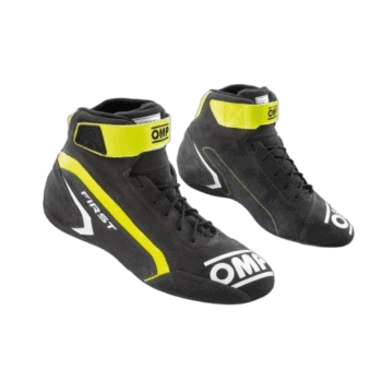 High-performance OMP racing shoes with black and yellow design, ideal for motorsport drivers seeking comfort and safety.