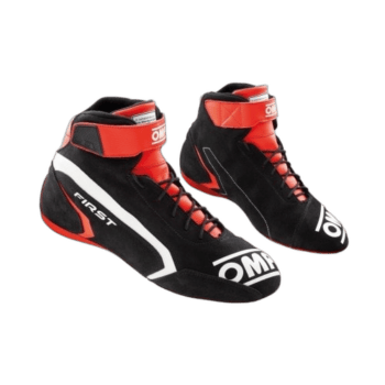 Black and red Grand Prix racing shoes with OMP branding, designed for motorsport safety and performance.
