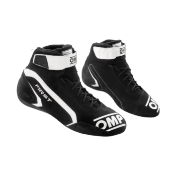 Black and white OMP racing shoes designed for motorsport, featuring ankle support and lightweight construction.