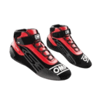 Red and black racing shoes from Grand Prix Racewear with OMP branding, designed for motorsport enthusiasts.