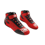 Red and black racing shoes from Grand Prix Racewear with OMP branding, designed for motorsport enthusiasts.