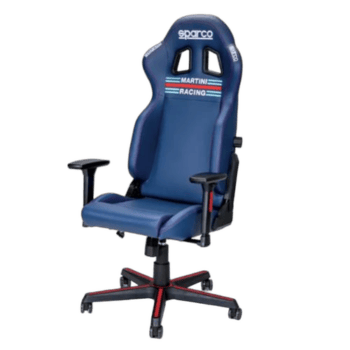 Blue racing gaming chair with racing stripes and 'Martini Racing' logo, ergonomic design, adjustable armrests, and caster wheels for comfort and mobility.
