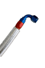 Close-up of a flexible racing fuel hose with blue and red fittings, used in Grand Prix racewear for high-performance motorsport applications.