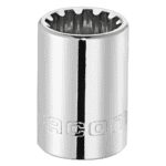 Close-up of a Facom J.S 3/8 Spline socket with a polished chrome finish, showing internal spline teeth for secure fitting.