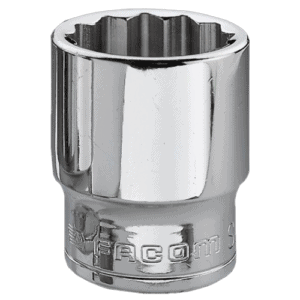 High-quality Facom J-3/8 metric 12-point socket with chrome finish, ideal for automotive and mechanical work.