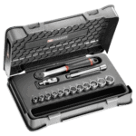 Facom 15-piece 3/8 metric 12-point socket set in a black case with ratchet and extension bars.