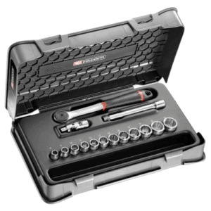 Facom 15-piece 3/8 metric 12-point socket set in a black case with ratchet and extension bars.