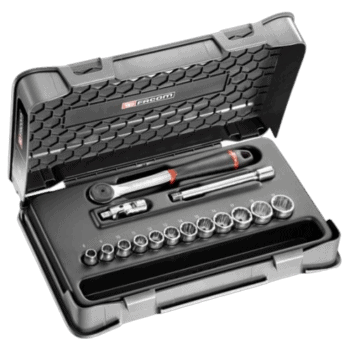 Facom 15-piece 3/8 metric 12-point socket set in a black case with ratchet and extension bars.