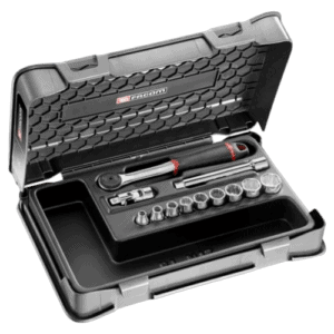 Facom 12-piece 3/8 inch 12-point socket set in a durable black case with various sockets and tools for automotive and mechanical work.