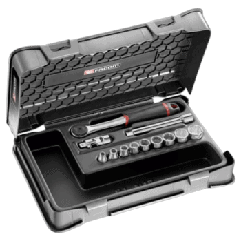 Facom 12-piece 3/8 inch 12-point socket set in a durable black case with various sockets and tools for automotive and mechanical work.